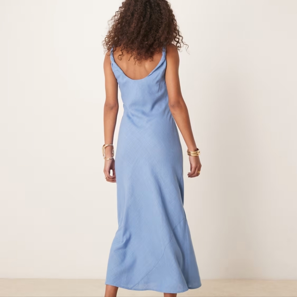 LIKE NEW ASOS DESIGN Linen Look Twist Strap Bias Maxi Dress in Denim Wash Blue 8 - Picture 4 of 15
